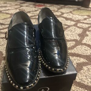 Ladies Black Patent’s Loafers with Gold Stud Trim